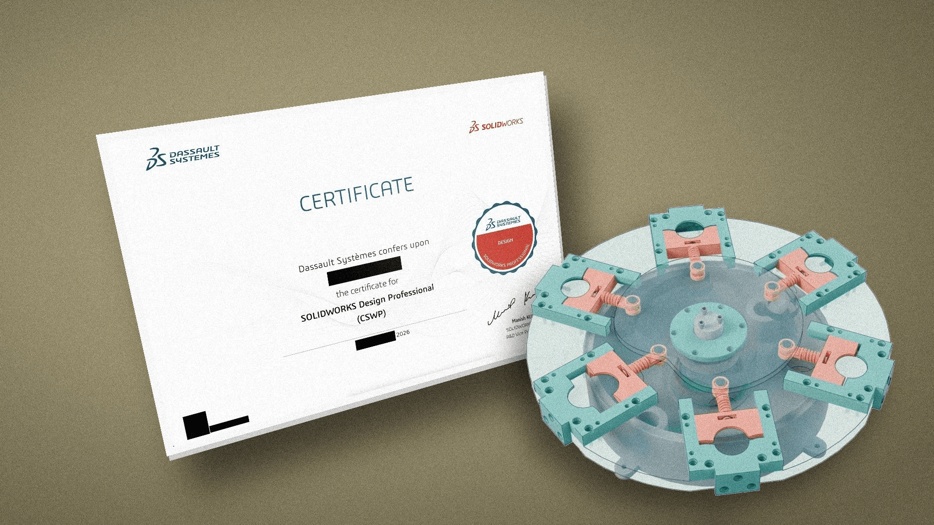 A Certified SOLIDWORKS Professional certificate beside the multi-part assembly from the exam