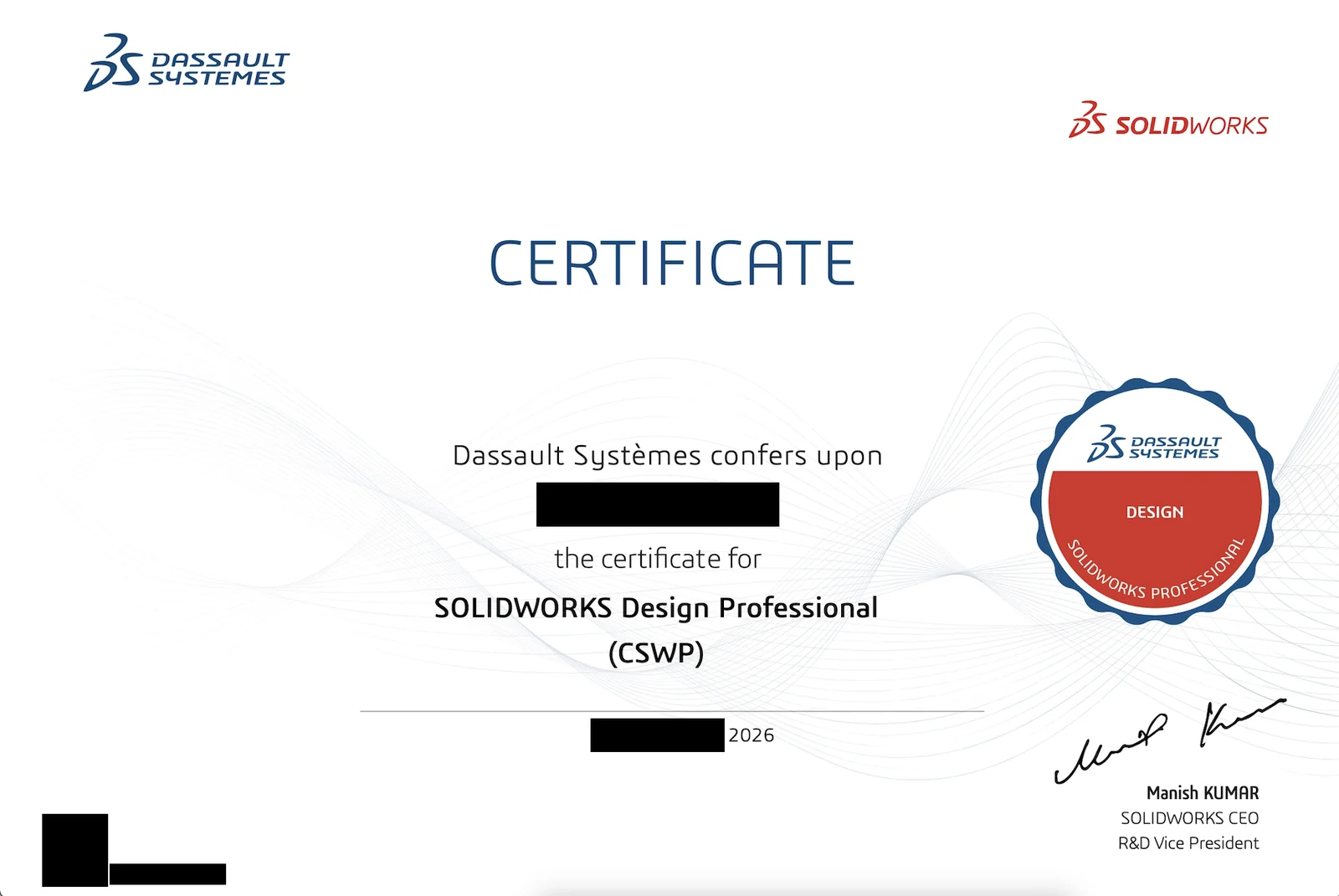 SOLIDWORKS Design Professional (CSWP) certificate from Dassault Systèmes, with the recipient’s name and date redacted