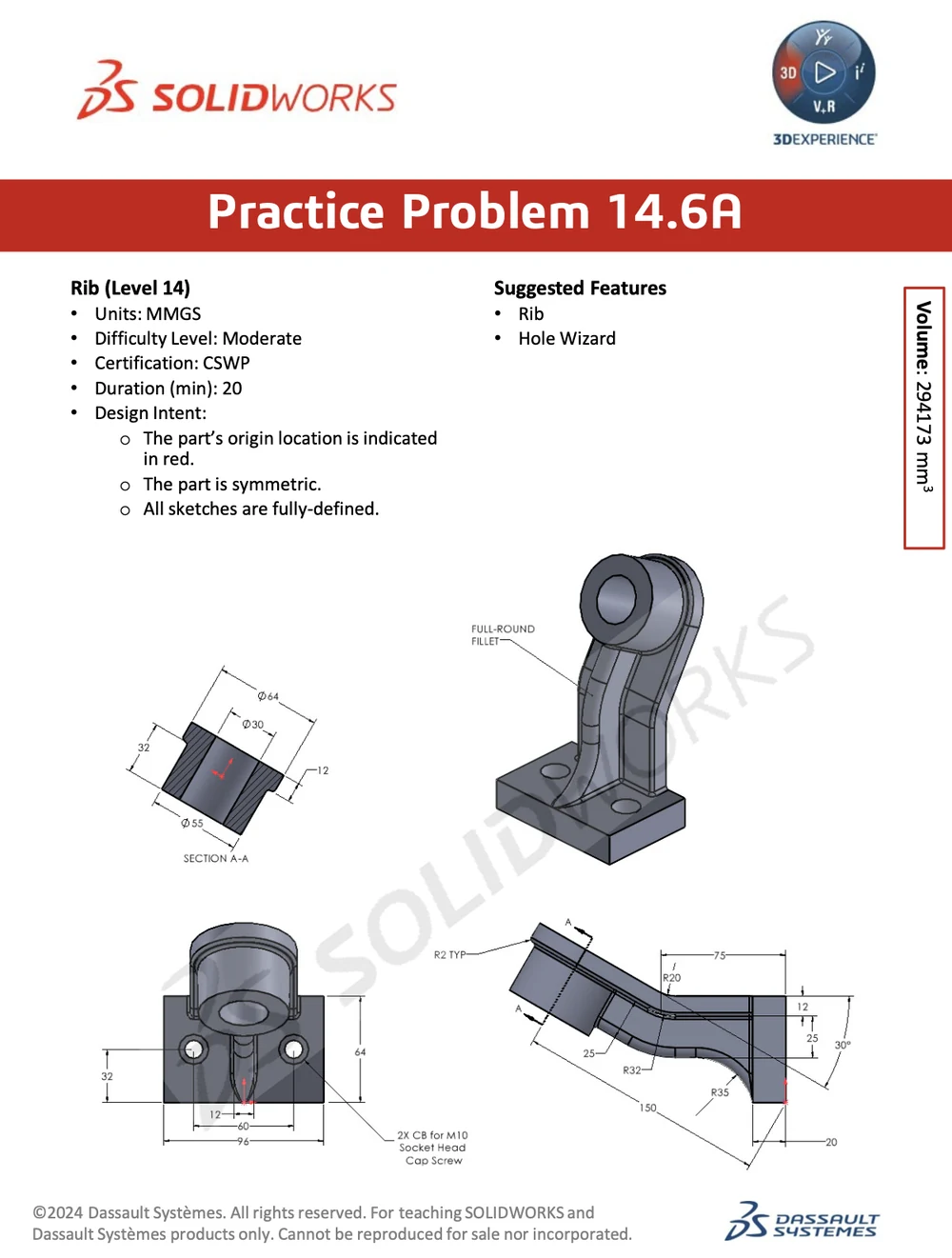 SOLIDWORKS practice problem 14.6A: a rib part (CSWP) with dimensioned drawing and target volume