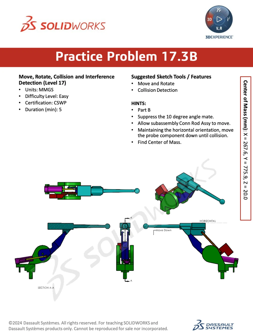 SOLIDWORKS practice problem 17.3B: an assembly collision-detection problem (CSWP) with target center of mass