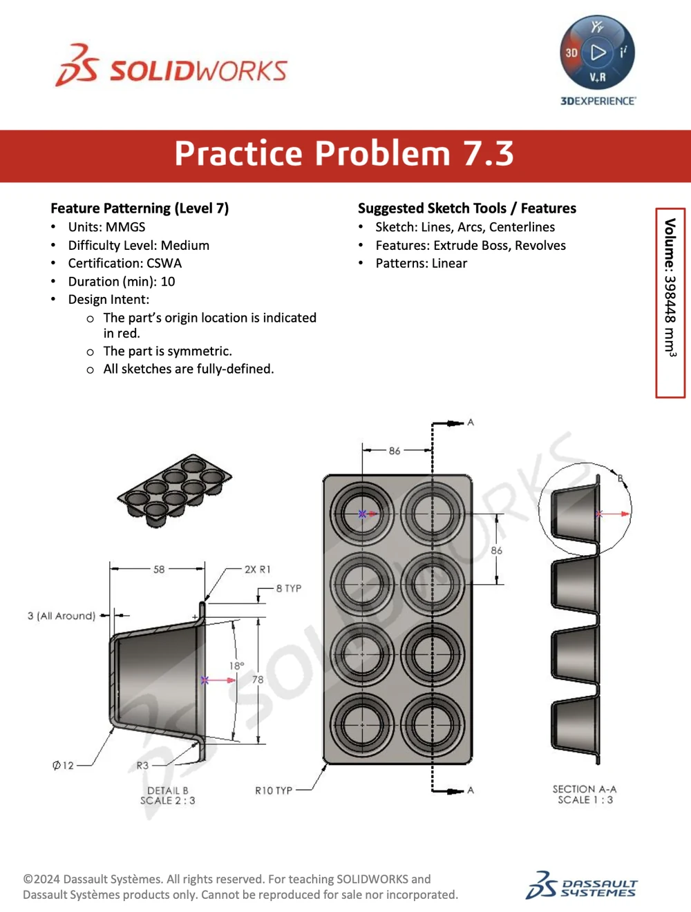 SOLIDWORKS practice problem 7.3: a feature-patterning part (CSWA) with dimensioned drawing and target volume